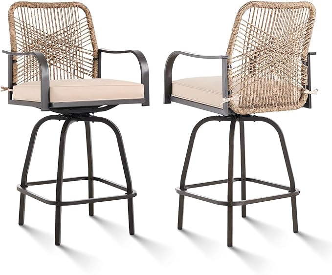 Outdoor Bar Stools Set of 2, 360° Swivel Metal Frame, Wicker Patio Bar Height Stools with Cushion, All-Weather Rattan Chair Design for Patio Backyard, Lawn Garden, Balcony, Poolside