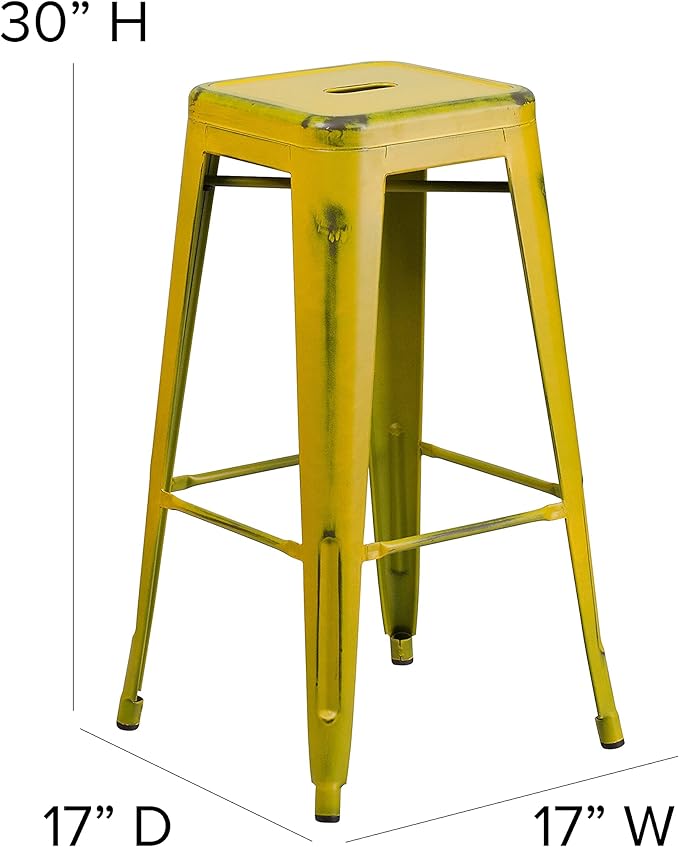 Flash Furniture Kai Commercial Grade 4 Pack 30" High Backless Distressed Yellow Metal Indoor-Outdoor Barstool