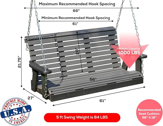 Poly Lumber Wood 5FT Porch Swing Amish Craftsmandship Made in USA HDPE with No wood fibers and 1000 lbs Limit. Stainless Steel Hardware.Signature Rollback design for Patio Outdoor Backyard Garden Park