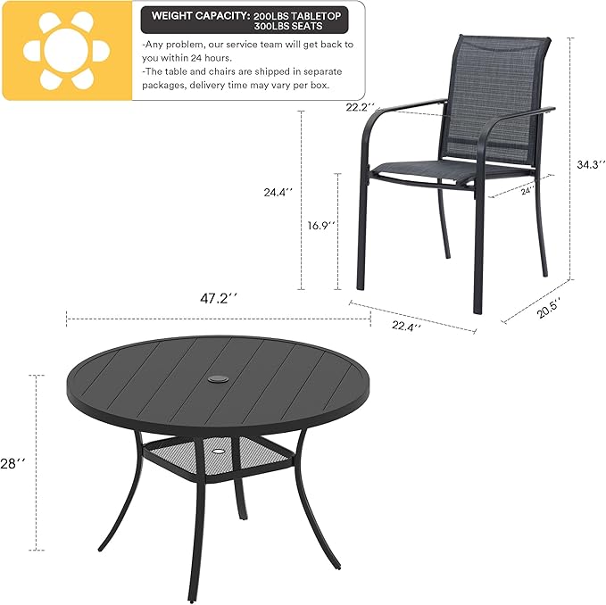 VICLLAX Patio Dining Set for 6, Outdoor Furniture Set Includes 47.2" Round Patio Table and 6 Patio Sling Chairs, Black Tabletop and Grey Fabric