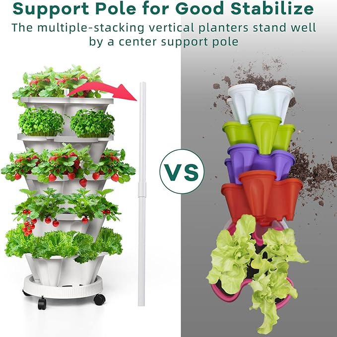 7 Tiered Strawberry Vertical Planter 2 Pack, Stackable Tower Garden Planter Herb Garden Planter with Movable Casters and Bottom Saucer Indoor and Outdoor - White