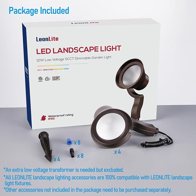 LEONLITE 12W/7.3W/3.7W Dimmable 5CCT LED Low Voltage Landscape Lights, Wall Wash Landscape Lighting Outdoor, 12V Landscape Spotlight, ETL, Aluminum, IP65 Waterproof, Pack of 4