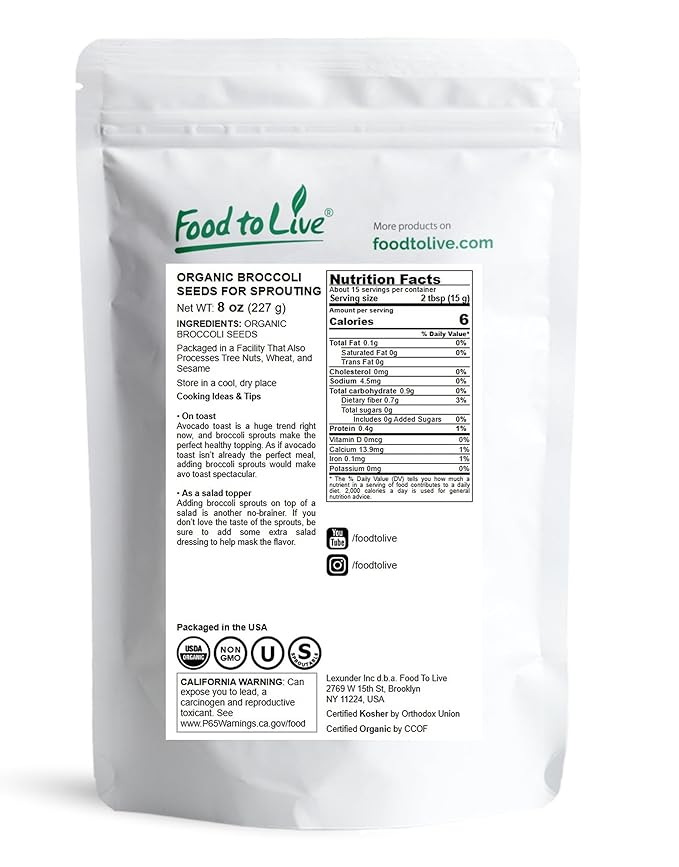 Food to Live Organic Broccoli Seeds for Sprouting, 8 Ounces – Non-GMO, Vegan, Kosher, Sirtfood, Bulk. Rich in Sulforaphane, Vitamin C. Grow Sprouts, Microgreens for Salads, and Sandwiches