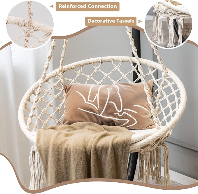 Giantex Hammock Chair Macrame Swing - Hanging Chair with Cushion and Hardware Kit, 330 LBS Weight Capacity, Indoor Swing for Hammock Stand, Patio, Balcony, Living Room Hammock Swing (Beige)