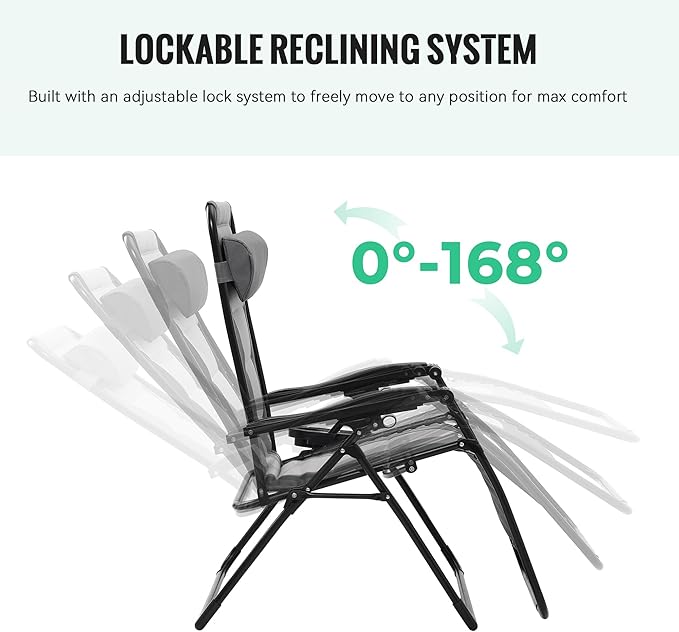 JEAREY Oversized Padded Zero Gravity Chairs, Folding Lounge Chair Outdoor Patio Recliner, Anti Gravity Chair for Backyard with Headrest, Cup Holder, Side Tray, Polyester Mesh - Gray/Light Gray