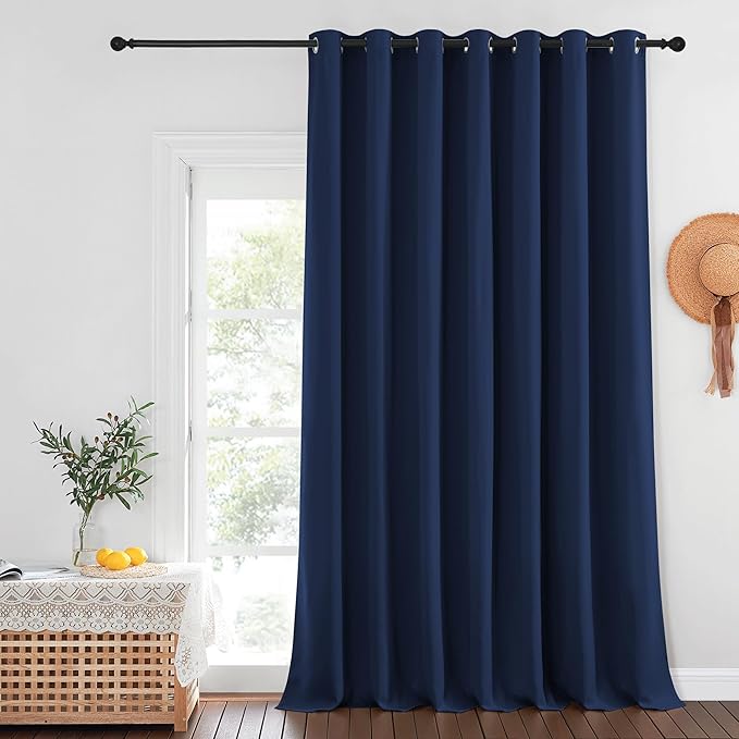 NICETOWN Navy Blue Blackout Curtains 132 inches Long for Room Divider, Grommet Thermal Insulated Wide Window Treatment Room Darkening for Sliding Glass Door, 1 Panel, W100 x L132