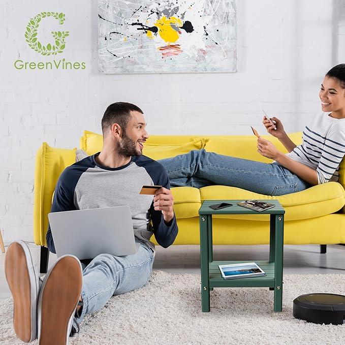 GREENVINES Adirondack-Outdoor-Side-Table | 14 x 13 Inches | HDPE Plastic | All Weather | Forest Green | Outside End Tables | Storage Shelf | for Patio Porch Backyard Indoor