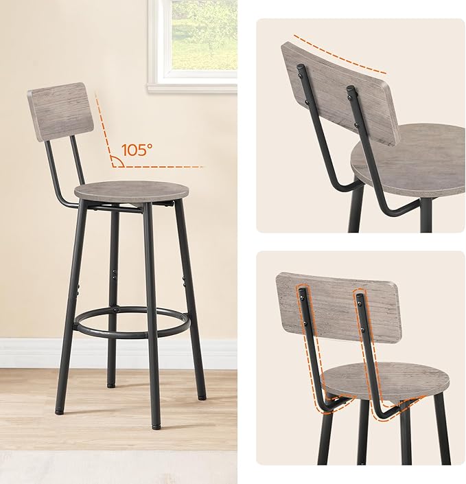 HOOBRO Bar Stools,Set of 2 Bar Stools with Footrest and Back,25.2" Bar Chairs for Kitchen Island, Dining Room,Counter Height Bar Stools, Easy to Assemble, Greige and Black BG32BY01G1