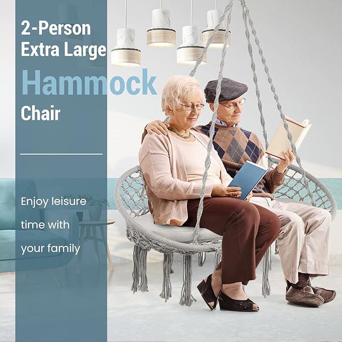 Giantex 2-Seat Hammock Chair, Macrame Swing with Cushion, Hanging Cotton Ropes, Metal Frame, Hanging Chair with 440 Lbs Capacity for Hammock Stand, Living Room, Patio, Balcony, Backyard (Gray)