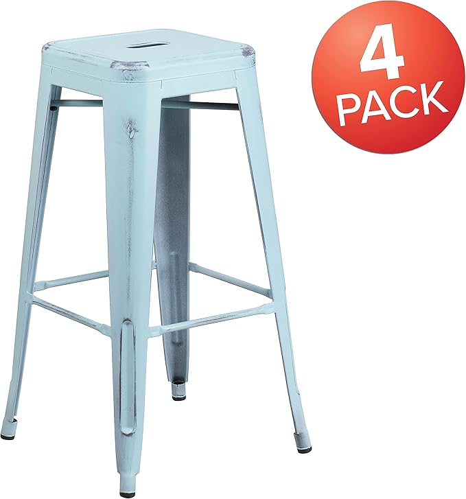 Flash Furniture Kai Commercial Grade 4 Pack 30" High Backless Distressed Green-Blue Metal Indoor-Outdoor Barstool