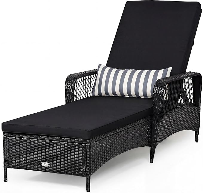 COSTWAY PE Rattan Chaise Lounge Chair, 6 Gear Adjustable Recliner with Armrest & Pillow, Wicker Outdoor Furniture for Deck, Patio (1, Black+White)