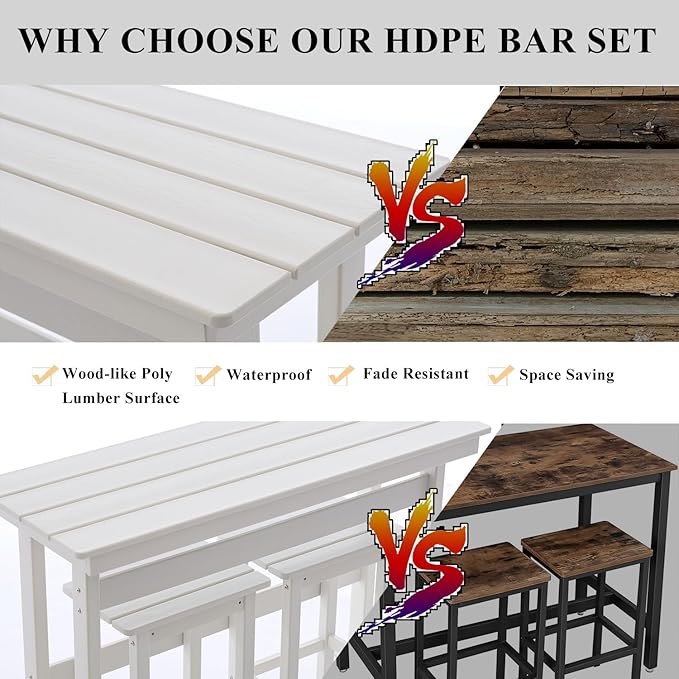 3 Pcs HDPE Outdoor Bar Set of 2 Includes Bar Height Table and Chairs, Patio Bar Stools Set for Bistro, Poolside, Backyard, White