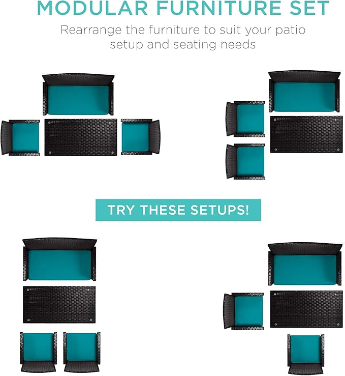 Best Choice Products 4-Piece Outdoor Wicker Patio Conversation Furniture Set for Backyard w/Coffee Table, Seat Cushions - Black/Teal