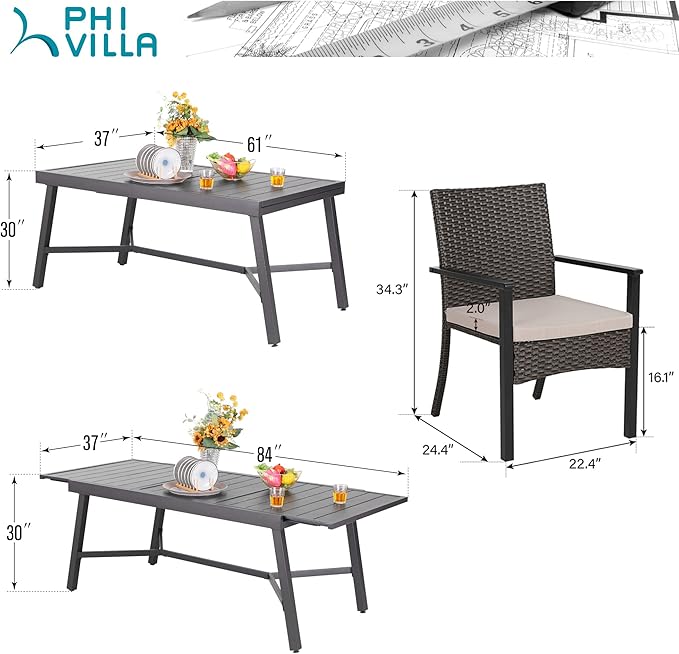 PHI VILLA 9 Piece Outdoor Dining Table Set for 8, Expandable Rectangular Iron Dining Table & Rattan Wicker Chairs with Cushions, Large Dining Furniture Set for Patio, Deck, Yard