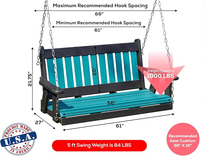 Mission Poly Lumber Wood 5FT Porch Swing Amish Craftsmandship Made in USA HDPE with No Wood fibers 1000 lbs Limit. Stainless Steel Hardware.Signature Design for Patio Outdoor Backyard Garden Park