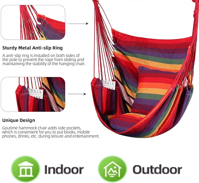 Goutime Hammock Chair,Indoor Hanging Rope Swing,Tree Swinging Chairs for Outside,Outdoor,Home, Bedroom,Patio,Yard,Garden,Balcony,Max 330 Lbs,Rainbow
