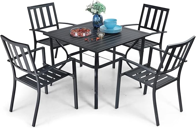 PHI VILLA 5 Piece Outdoor Dining Table Set for 4, 37” Black Square Metal Table with Umbrella Hole & Stackable Wrought Iron Chairs, Outside Furniture Set for Patio, Deck, Porch, Backyard