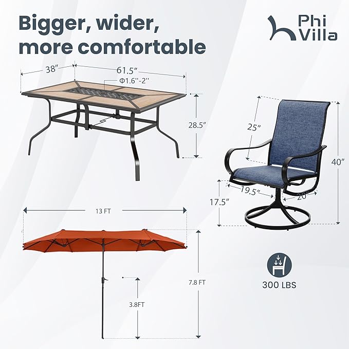 PHI VILLA Patio Dining Set with Umbrella for 6 Person, Outdoor Swivel Dining Chairs & 1 Large Wooden-Like Top Table with 13ft Orange Red Outdoor Umbrella(No Base) for Deck Lawn Garden Backyard