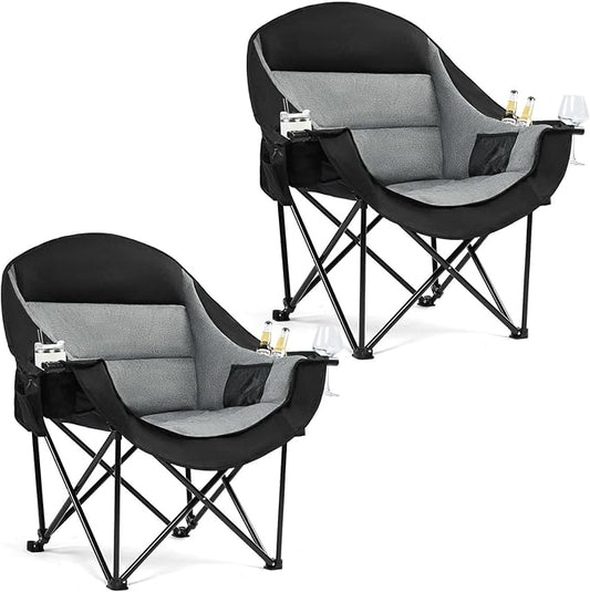 Oversized Camping Chair for Adults - Heavy Duty Outdoor Padded Large Lawn Camp Chair with Cup Holder Cooler Pockets for Sports Beach Fishing Garden Portable Supports 500lbs, Black/Grey 2 Pack