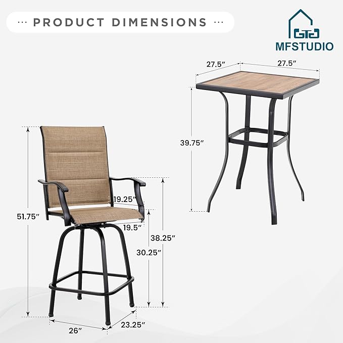MFSTUDIO 5 Piece Outdoor Swivel Bar Set, Outdoor Bar Table and Chairs Set, Patio High Top Table and Chairs, Patio Dining Set Bar Height Table with 4 Chairs, Padded Textilene Stools for Outside