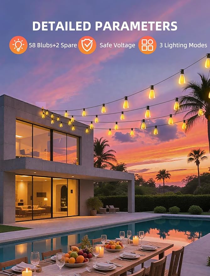 Outdoor Patio String Lights: 150Ft 45M Outside Waterproof Light - Remote Dimmable ST38 Shatterproof Bulb Connectable Hanging Outdoor Electric Lighting - Backyard Yard Gazebo Porch Party