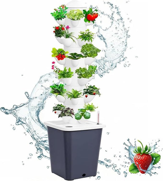 Vertical Hydroponic Tower Garden Growing System - Indoor Planter Kit with 30 Pods, Aeroponic-Style Tower for Herbs, Vegetables, Lettuce & Strawberries, Home Countertop Grow System, Gray
