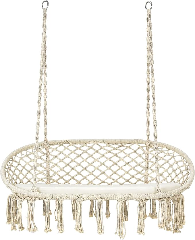 Giantex Hammock Chair 2 Seat, Macrame Hanging Chair with Cushion, Hanging Cotton Ropes, Metal Frame, 440 lbs Capacity Indoor Swing for Hammock Stand, Patio, Balcony, Living Room Hammock Swing
