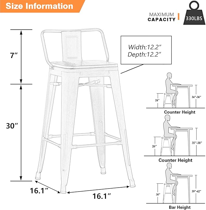 Yongchuang 30 inch Metal Bar Stools Set of 4 Bar Height Barstools with Wood Seat Low Back Kitchen Bar Chairs Cream White