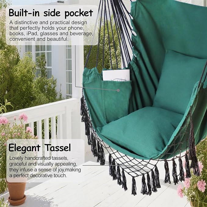Hammock Chair Hanging Rope Swing Chair,Max 450 Lbs, Large Hanging Chair with Pocket, 2 Cushions, Removable Steel Bar, Hardware Kit Included, Superior Comfort for Indoor Outdoor (Dark Green)