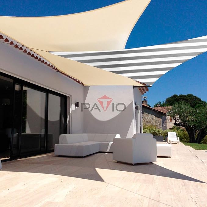 Patio Paradise 26' x 26' x 26' Sun Shade Sail Triangle Canopy Shade Cloth Fabric Sunlight Block Patio Pergola Cover HDPE Deck Awning for Outdoor Backyard Roof Shading, Gray White Strip