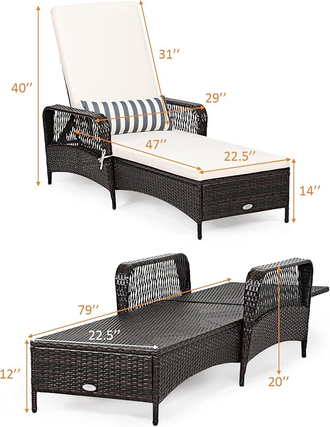 COSTWAY PE Rattan Chaise Lounge Chair, 6 Gear Adjustable Recliner with Armrest & Pillow, Wicker Outdoor Furniture for Deck, Patio (1, Brown)