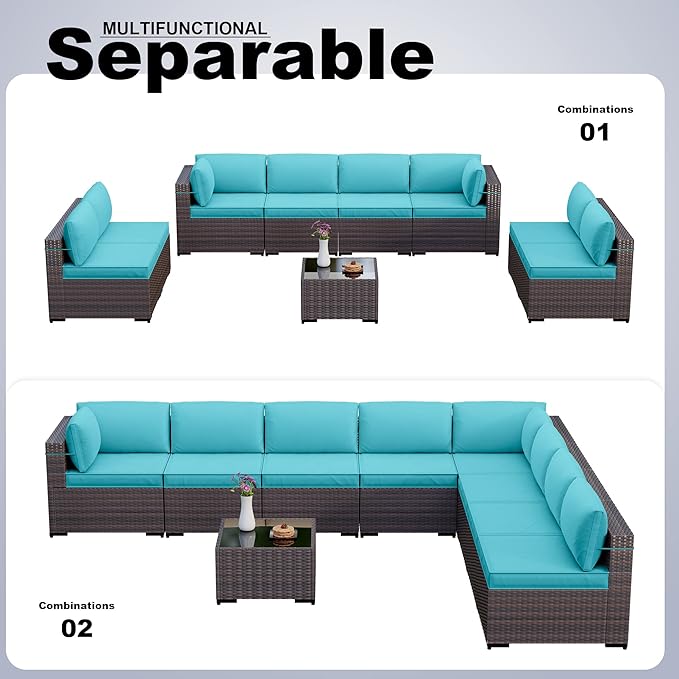 Kullavik 9 Pieces Outdoor Patio Furniture Set,Sectional Rattan Sofa Set Brown PE Rattan Wicker Patio Conversation Set with Tempered Glass Coffee Table and Washable Cushions Covers,Turquoise Blue