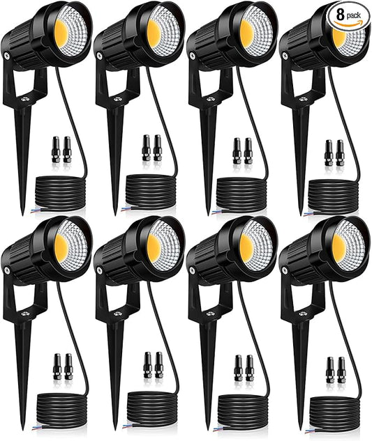 12W LED Landscape Lights Low Voltage, 3000K Warm White 12V AC/DC Waterproof Outdoor Spotlights, IP65 Garden Pathway Lights with 8 Spike Stands for Tree Garden Yard Pathway (8 Pack)