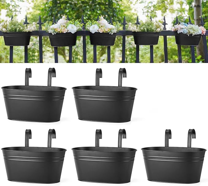 Dahey 10.5 Inch Metal Iron Hanging Flower Pots for Railing Fence Hanging Bucket Pots Countryside Style Window Flower Plant Holder with Detachable Hooks Home Decor,Black,5 Pcs