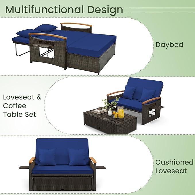 LDAILY Moccha Outdoor Wicker Daybed, Patio Rattan Loveseat Sofa w/ 4-Level Adjustable Backrest, Folding Panels, Storage Ottoman & Cushions, Lounge Furniture Set for Poolside Backyard Porch (Navy)