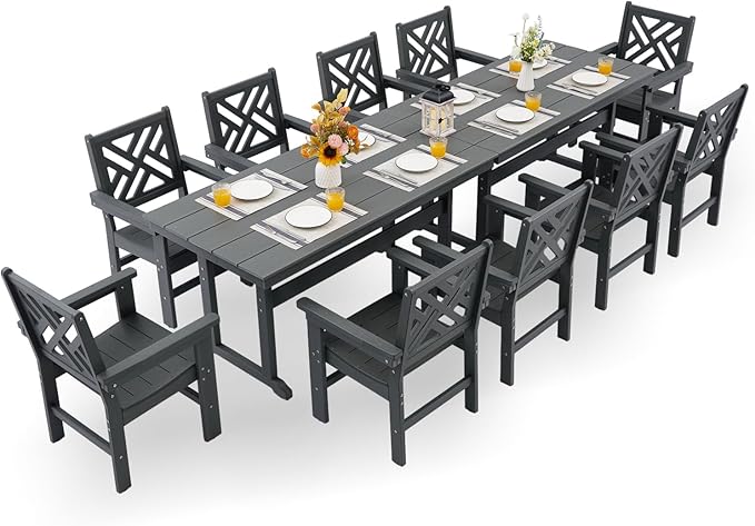 HDPE Dining Table Set for 10,12-Piece Outdoor Table and Chairs Include 10 Dining Chairs and 2 Pcs 62.5" Patio Dining Table with Umbrella Hole (Gray)