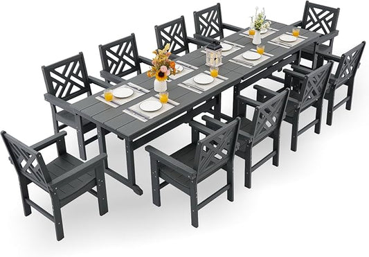 HDPE Dining Table Set for 10,12-Piece Outdoor Table and Chairs Include 10 Dining Chairs and 2 Pcs 62.5" Patio Dining Table with Umbrella Hole (Gray)