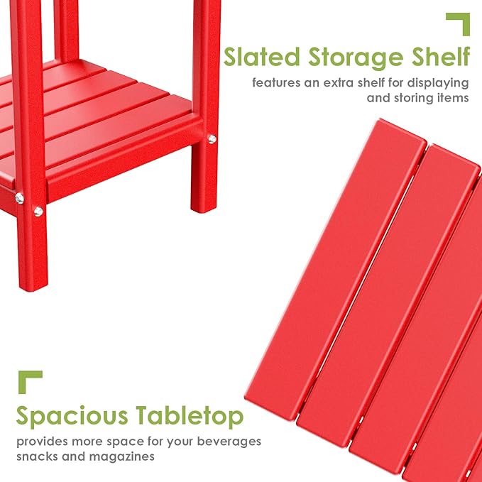 GREENVINES Adirondack-Outdoor-Side-Table | 14 x 13 Inches | HDPE Plastic | All Weather | Red | Outside End Tables | Storage Shelf | for Patio Porch Backyard Indoor
