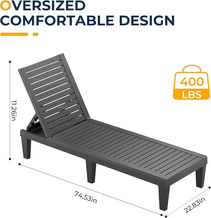 ROJIK Outdoor Chaise Lounge Chair Set of 4,with 5-Position Adjustable Backrest,Waterproof & Lightweight | Durable Indoor/Outdoor Patio Lounger Chair for Garden Pool Beach,Black