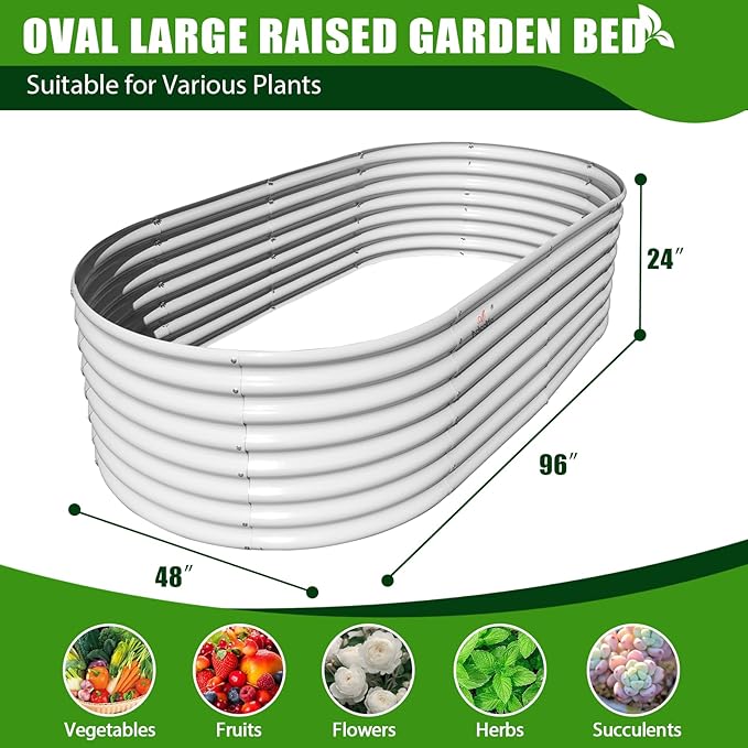 A ANLEOLIFE 6-Set 8X4X2 ft Galvanized Raised Garden Bed Kit, Oval Metal Deep Root Planters for Outdoor Plants, Antique White