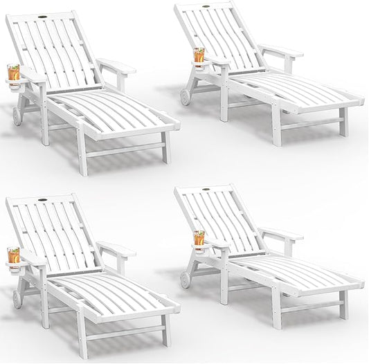 Patio Chaise Lounge Chair Set of 4, Oversized Lounge Chair Outdoor with 5 Positions, HDPE, Patio Lounge Chair with Wheels & Cup Holder for Pool, Deck, Poolside,White