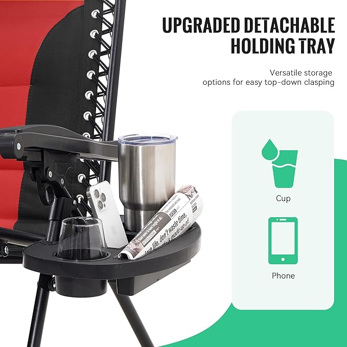 JEAREY Oversized Padded Zero Gravity Chairs, Folding Lounge Chair Outdoor Patio Recliner, Anti Gravity Chair for Backyard with Headrest, Cup Holder, Side Tray, Polyester Mesh - Black/Red