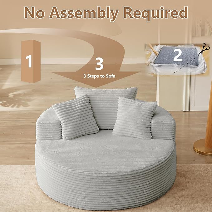 Oversized Round Chair Lounge Chaise Indoor, Upholstered Corduroy Deep Seat Cloud Large Circle Sofa Chair, No Assembly Required, Fluffy Modern Sleeper Sofa Bed for Reading, Living Room, White Gray