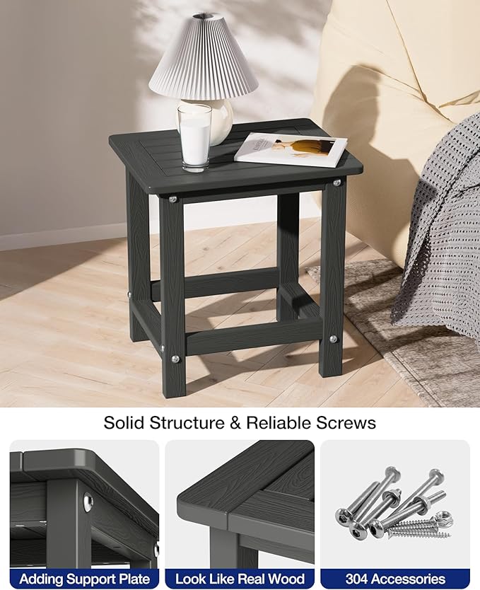 YEFU Outdoor Side Table for Patio: 16" HIPS Weather - Resistant Adirondack Tables Set of 2 - Small Square End Table for Backyard Living Room Bedroom - Indoor Outdoor Durable Table Dark Grey