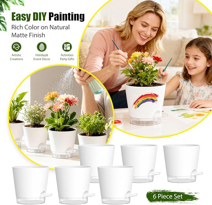 Plant Pots 6 Inch Self Watering Pots,6 Pack Plastic Planters with Drainage Holes and Clear Saucers,Plastic Flower Pots,Nursery Planting Pot for Indoor Out Door Plants (White)