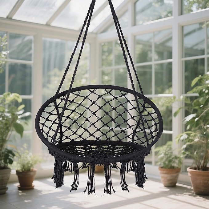 Goutime Hammock Chair, Macrame Hanging Indoor Swing Chairs with Hardware Kit,Adult Boho Swinging Swings for Outside,Patio,Balcony,Bedroom (Black (Pillows are not Included))