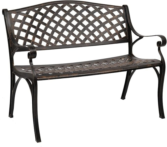 VINGLI 40.5" Patio Garden Bench,Anti- Rust Cast Iron Cast Aluminum Frame for Outdoor Path Yard Lawn Work Entryway Decor Deck (Brown)