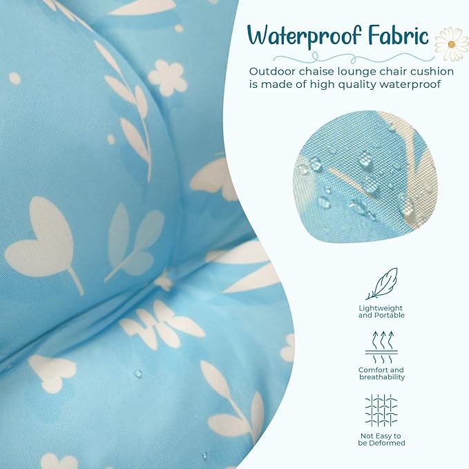 4 Pack Outdoor Chaise Lounge Chair Cushion 75.1 x 22.8 x 4.7 Inches 100% Waterproof Replacement Cotton Patio Pool Lounge Chair Cushion for Outdoor Furniture with Ties, Blue Butterfly