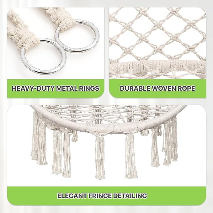 Magshion Hanging Hammock Chair with Cozy Full Cushion, Outdside Macrame Swing Chair with 350 Lbs Capacity, Ideal Accent Furniture for Living Room, Bedroom and Porch Relaxation and Enjoyment (White)