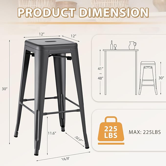 Furmax 30 Inch Metal Bar Stools Set of 4, Counter Height Backless Stools, Industrial Bar Chairs Patio Stool Stackable Backless Stool for Kitchen/Dining Room/Bistro/Patio Indoor Outdoor (Gray)